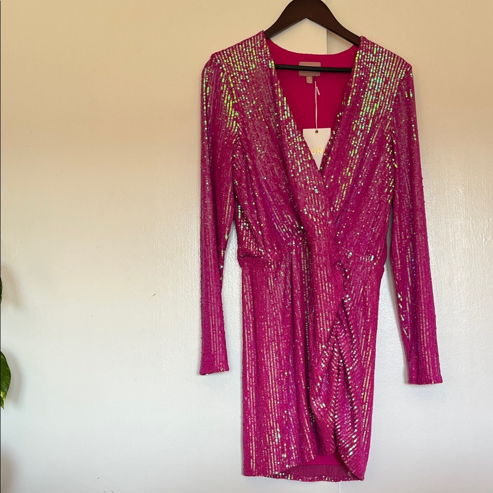 NWT Show Me Your MuMu Iridescent Fuchsia Sequin Long-Sleeve Wrap Dress